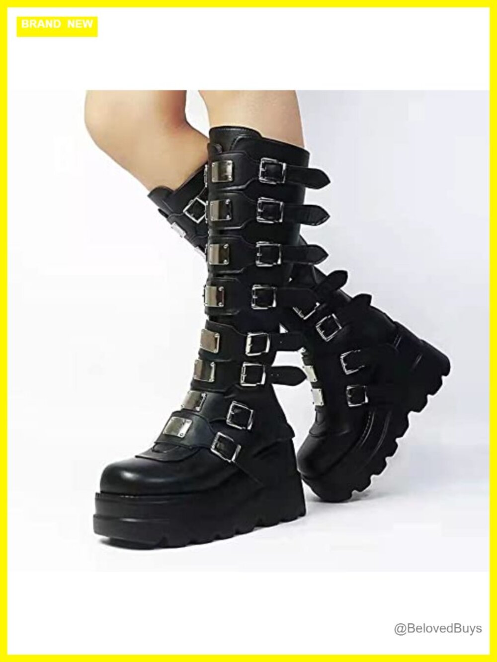 Platform Knee High Boots Chunky Heel Wedge Combat Goth Punk Motorcycle Zip - Picture 5 of 7